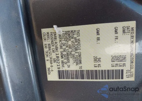 2019 Nissan Altima 2.5 Sr from USA, damaged, VIN 1N4BL4CV8KC180219